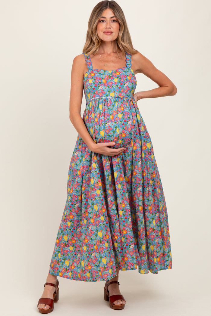 Blue Floral Scallop Detail Sleeveless Maternity Maxi Dress