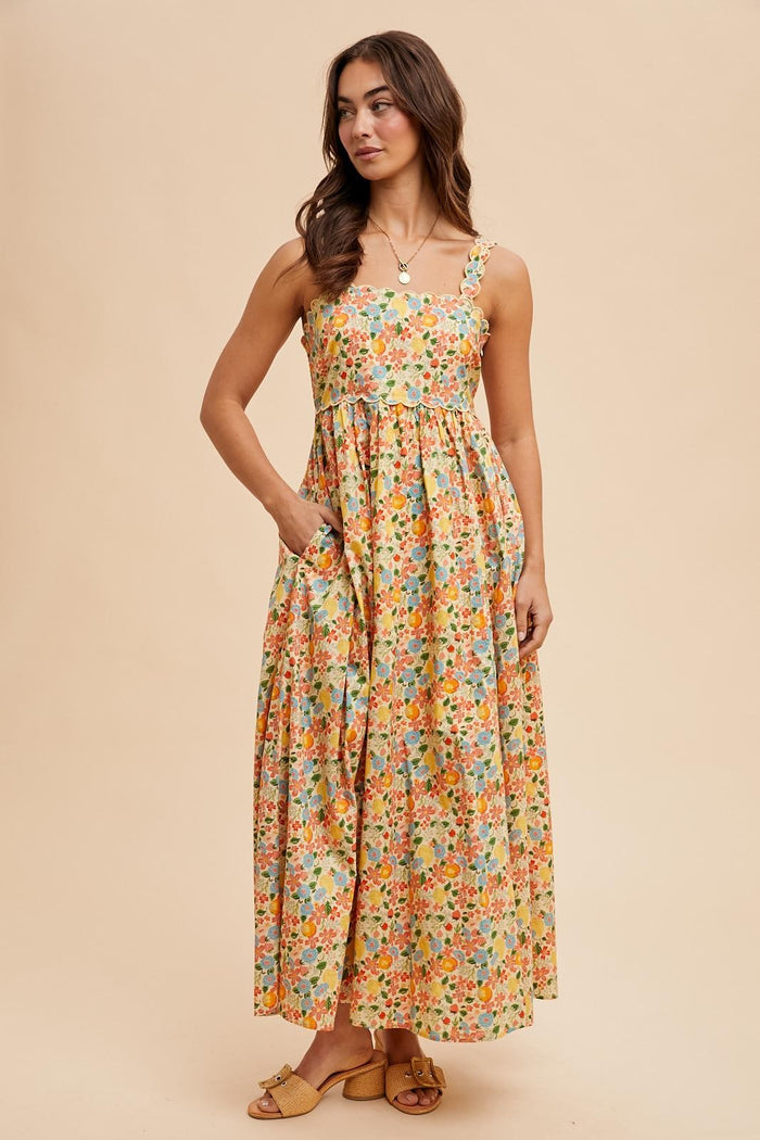 Yellow Floral Scallop Detail Sleeveless Maxi Dress