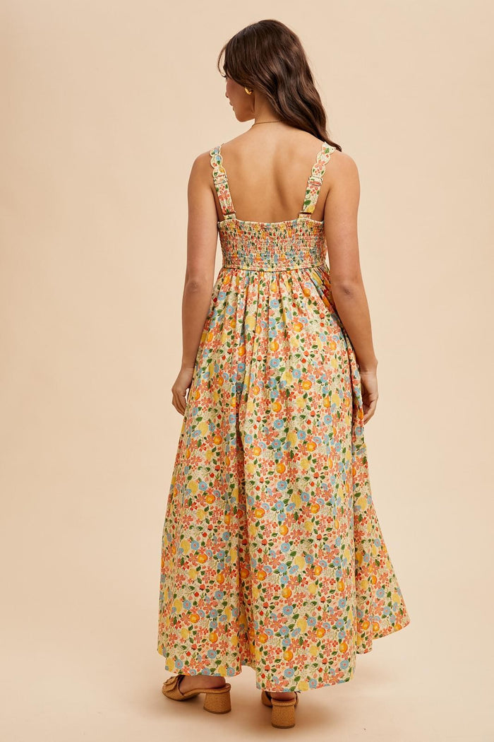 Yellow Floral Scallop Detail Sleeveless Maxi Dress