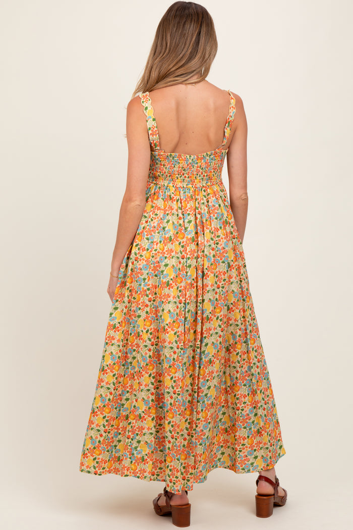 Yellow Floral Scallop Detail Sleeveless Maternity Maxi Dress