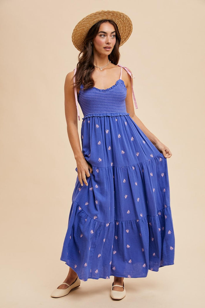 Royal Blue Embroidered Smocked Shoulder Tie Maternity Maxi Dress