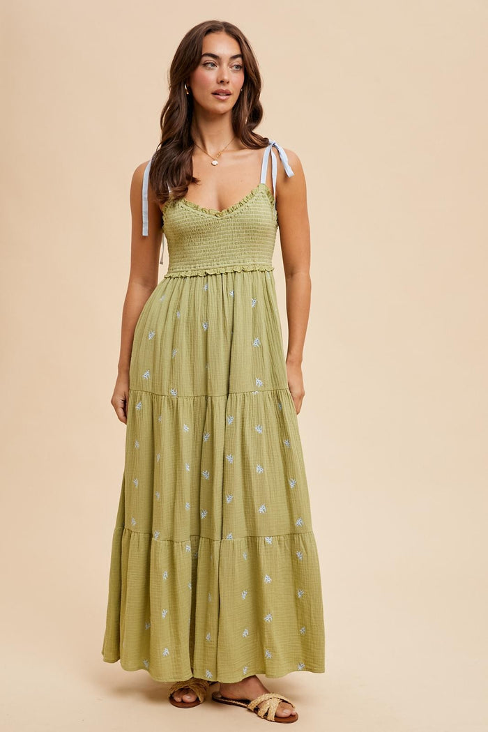 Light Olive Embroidered Smocked Shoulder Tie Maxi Dress