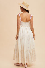 Cream Embroidered Smocked Shoulder Tie Maxi Dress