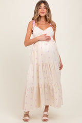 Cream Embroidered Smocked Shoulder Tie Maternity Maxi Dress