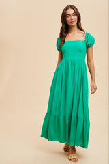 Green Ruffle Detail Square Neck Maxi Dress