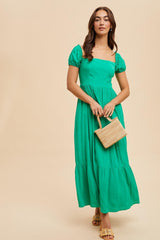 Green Ruffle Detail Square Neck Maxi Dress