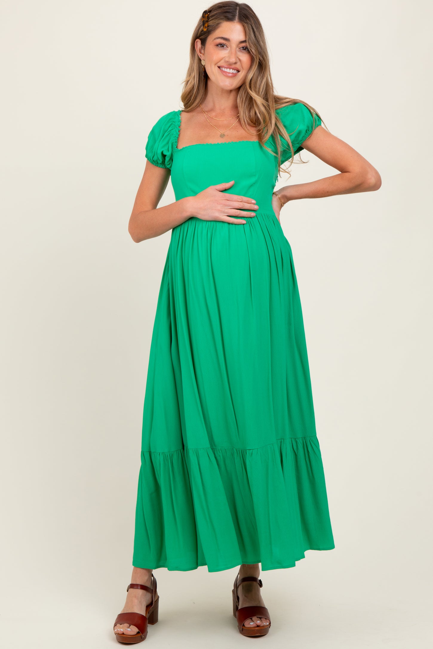 Green Ruffle Detail Square Neck Maternity Maxi Dress