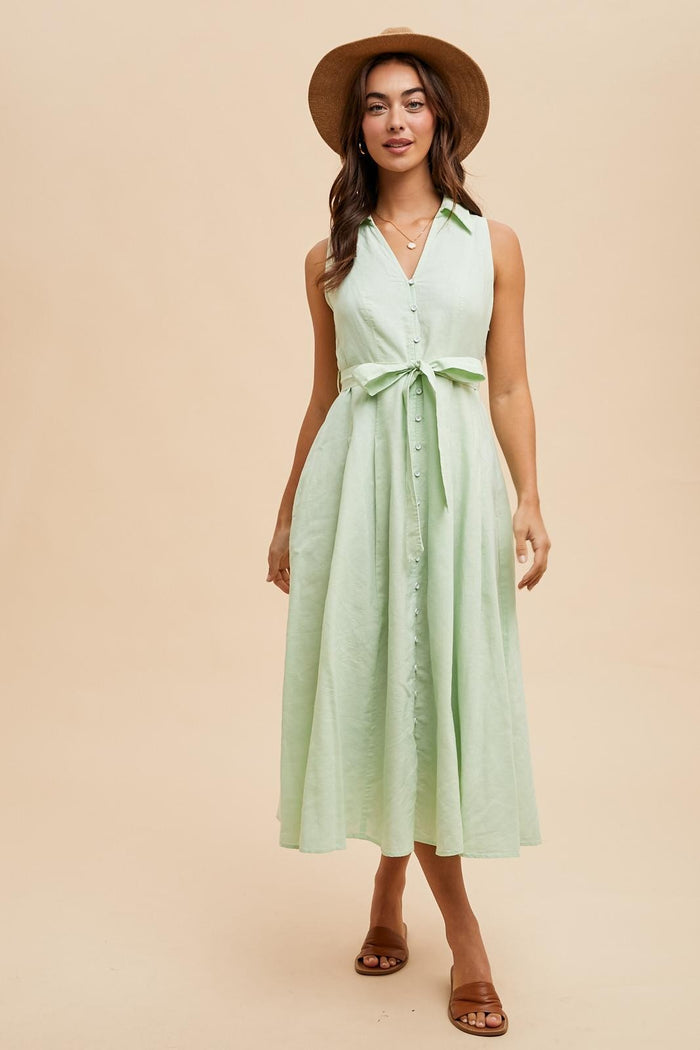 Mint Green Sleeveless Linen Blend Maternity Midi Shirt Dress