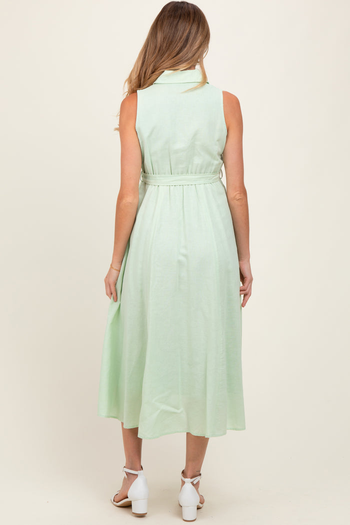 Mint Green Sleeveless Linen Blend Maternity Midi Shirt Dress