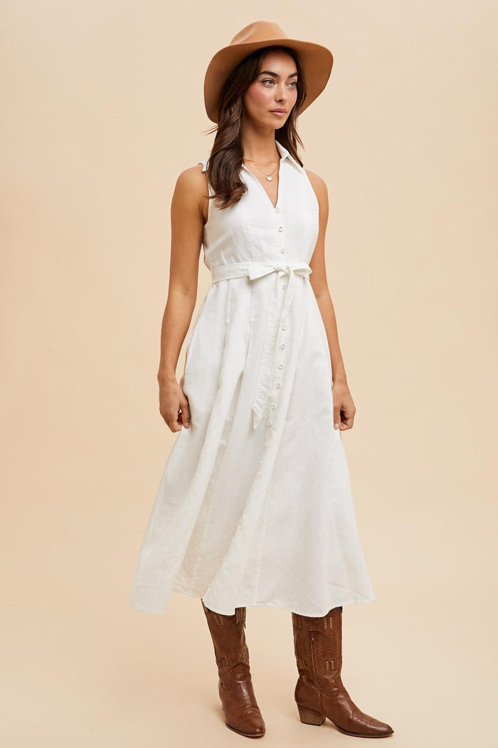White Sleeveless Linen Blend Midi Shirt Dress