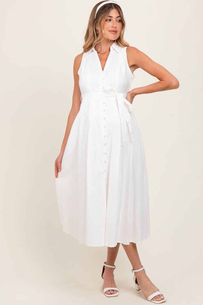 White Sleeveless Linen Blend Maternity Midi Shirt Dress