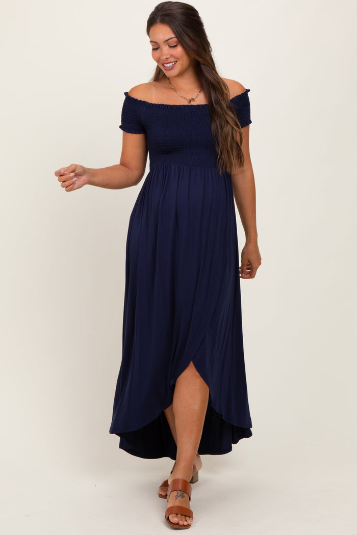 Navy Smocked Off The Shoulder Maternity Midi Dress
