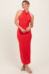 Red Halter Low Back Ruched Midi Dress