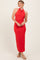 Red Halter Low Back Ruched Midi Dress