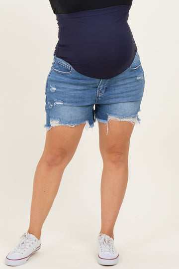Blue Super Distressed Maternity Plus Jean Shorts