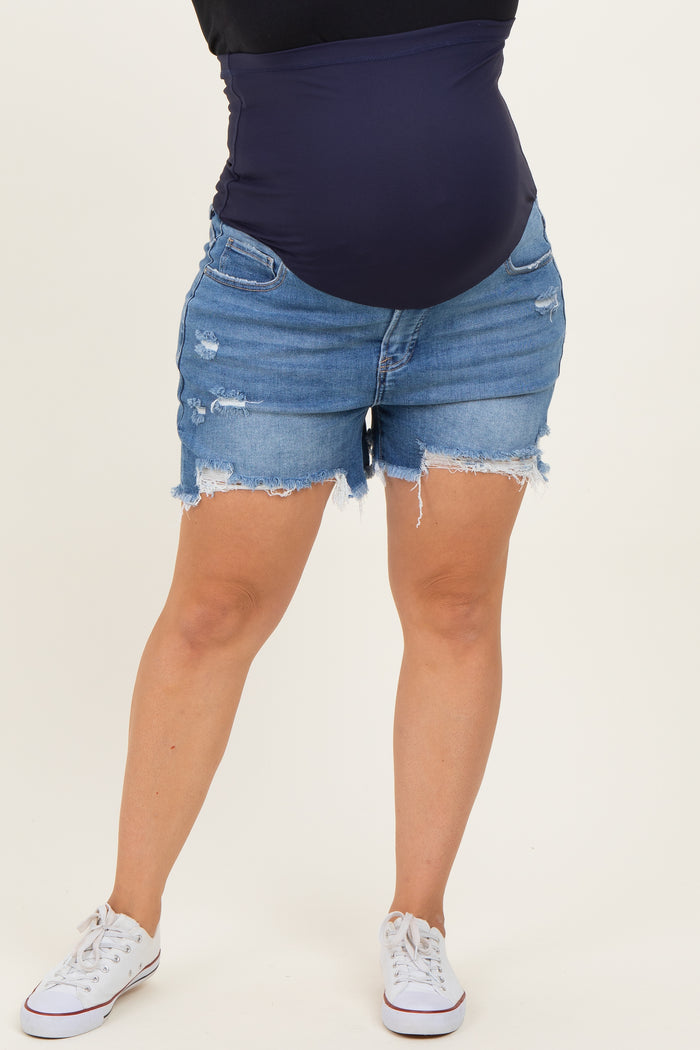 Blue Super Distressed Maternity Plus Jean Shorts