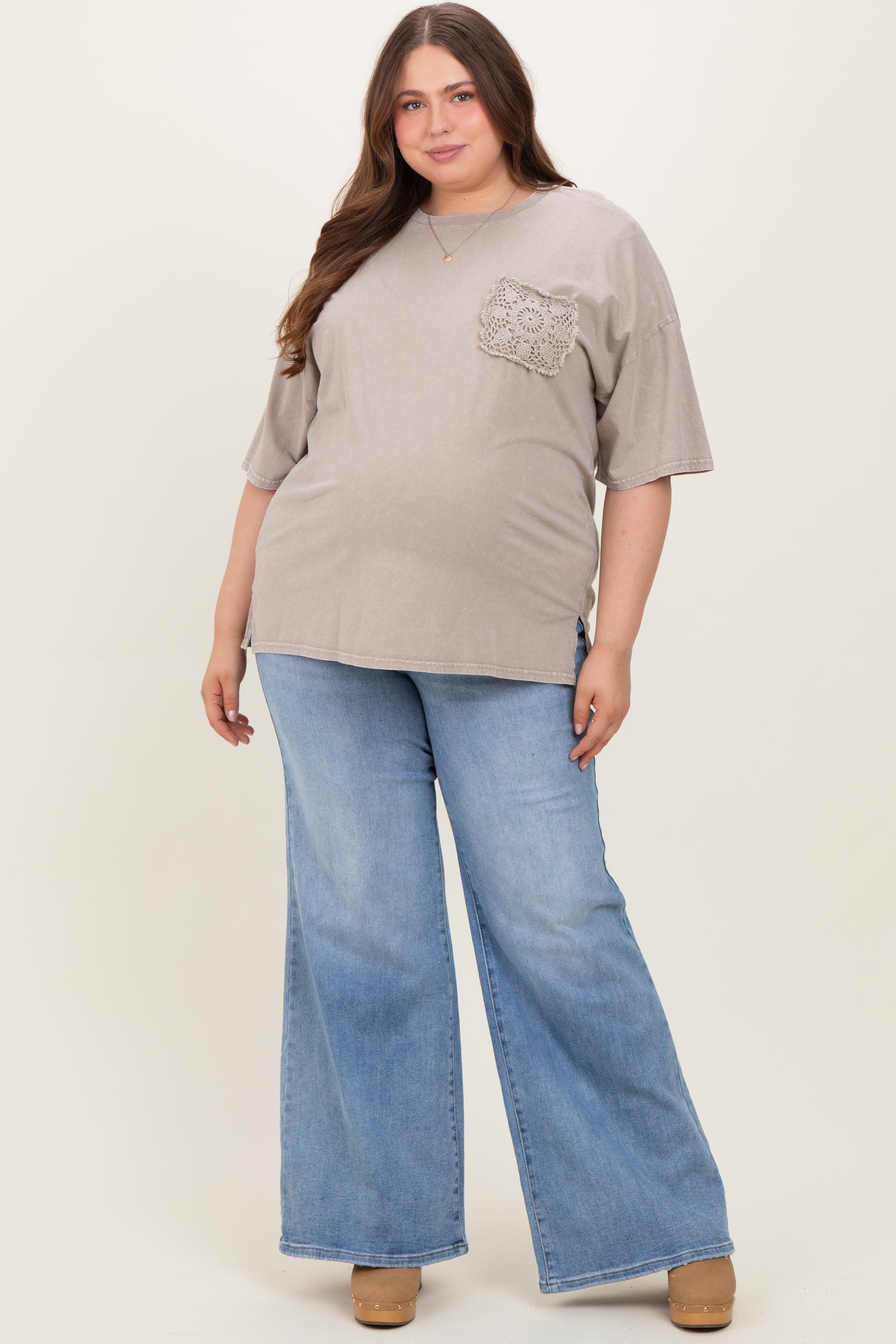 Blue Front Yoke Detail Wide Leg Maternity Plus Jeans