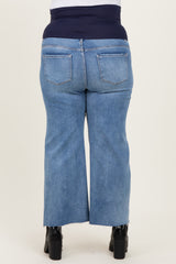 maternity plus denim capri pants in light blue with a stretchy navy waistband and frayed hem detail, shown from the back