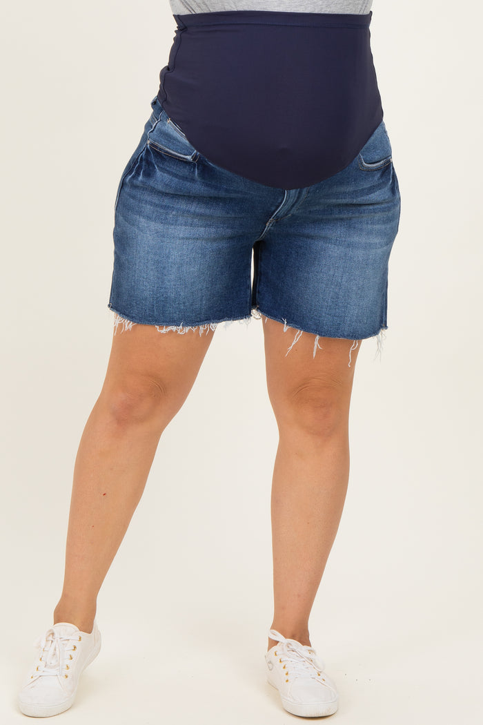 Navy Blue Raw Cut Hem Maternity Plus Denim Shorts