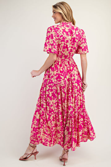 Fuchsia Button Ruffle Detail Maxi Dress
