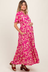 Fuchsia Button Ruffle Detail Maternity Maxi Dress
