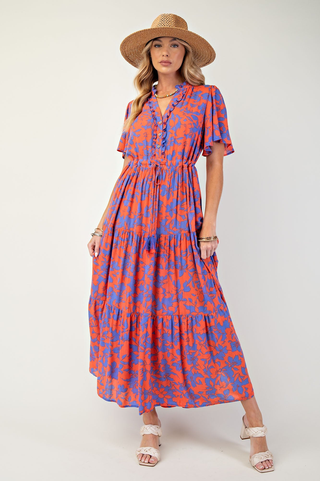 Orange Button Ruffle Detail Maxi Dress