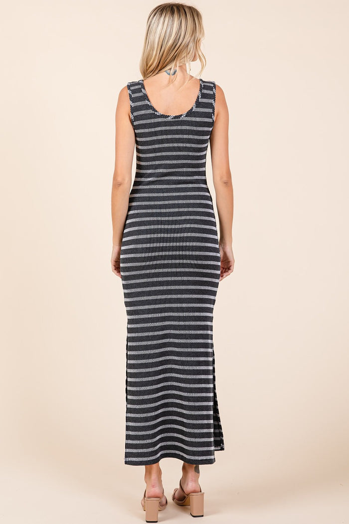 Black Striped Ribbed Sleeveless Side Slit Maxi Dress