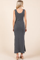 Black Striped Ribbed Sleeveless Side Slit Maxi Dress