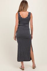 Black Striped Ribbed Sleeveless Side Slit Maternity Maxi Dress