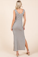 Ivory Striped Ribbed Sleeveless Side Slit Maxi Dress