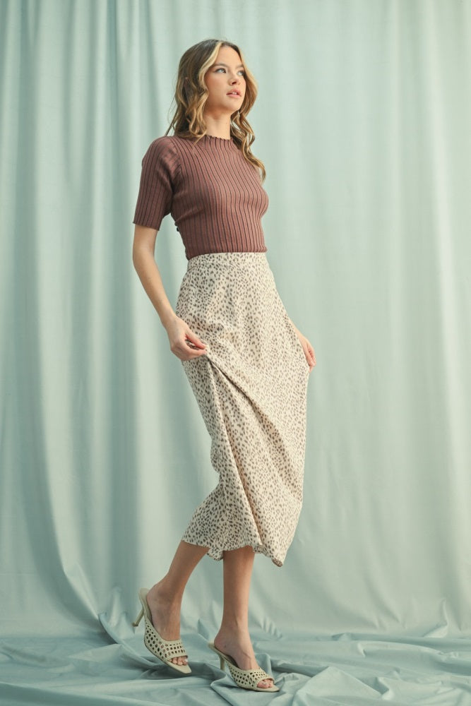 Mocha Ribbed Mock Neck Knit Short Sleeve Top