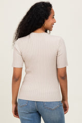 Cream Ribbed Mock Neck Knit Maternity Short Sleeve Top