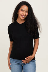 Black Ribbed Mock Neck Knit Maternity Short Sleeve Top