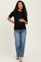 Black Ribbed Mock Neck Knit Maternity Short Sleeve Top