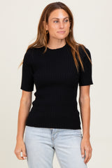Black Ribbed Mock Neck Knit Short Sleeve Top