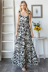 Black Floral Shoulder Tie Tiered Maxi Dress