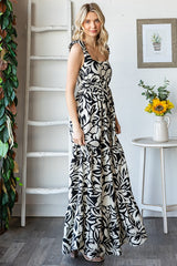 Black Floral Shoulder Tie Tiered Maxi Dress