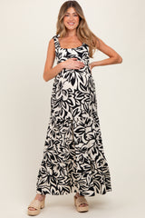 Black Floral Shoulder Tie Tiered Maternity Maxi Dress
