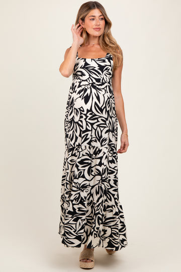 Black Floral Shoulder Tie Tiered Maternity Maxi Dress