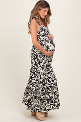 Black Floral Shoulder Tie Tiered Maternity Maxi Dress