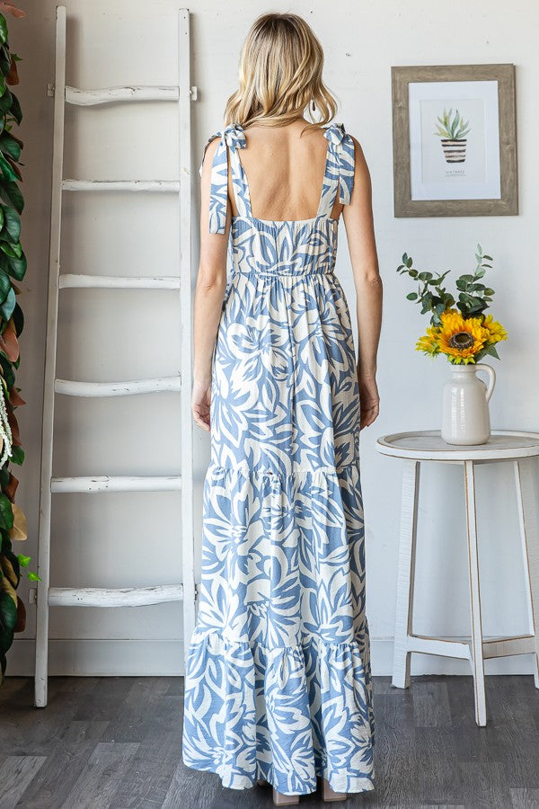 Blue Floral Shoulder Tie Tiered Maxi Dress