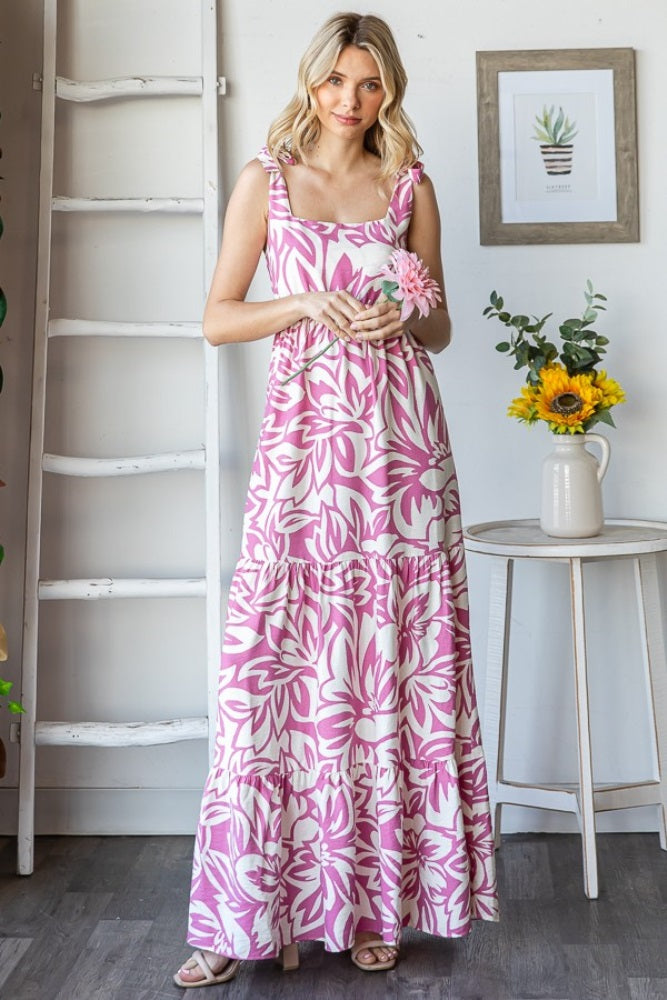 Mauve Floral Shoulder Tie Tiered Maxi Dress