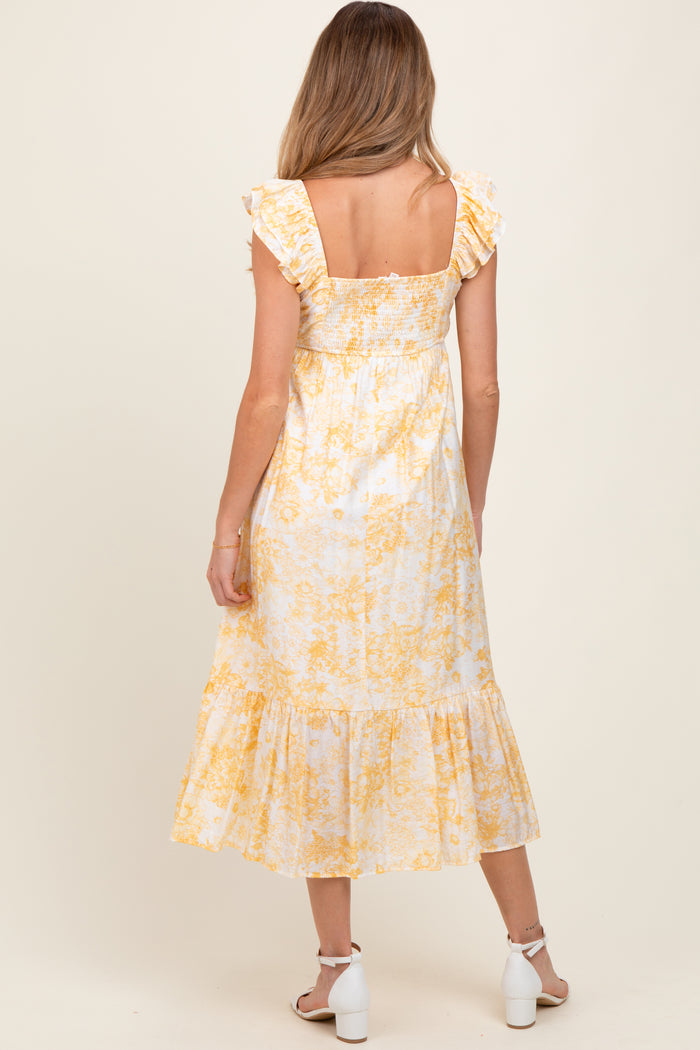 Yellow Floral Ruffle Strap Pleated Bodice Maternity Midi Dress