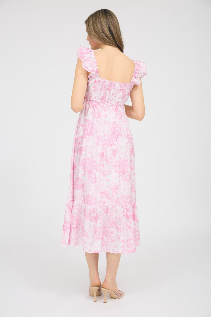Pink Floral Ruffle Strap Pleated Bodice Midi Dress