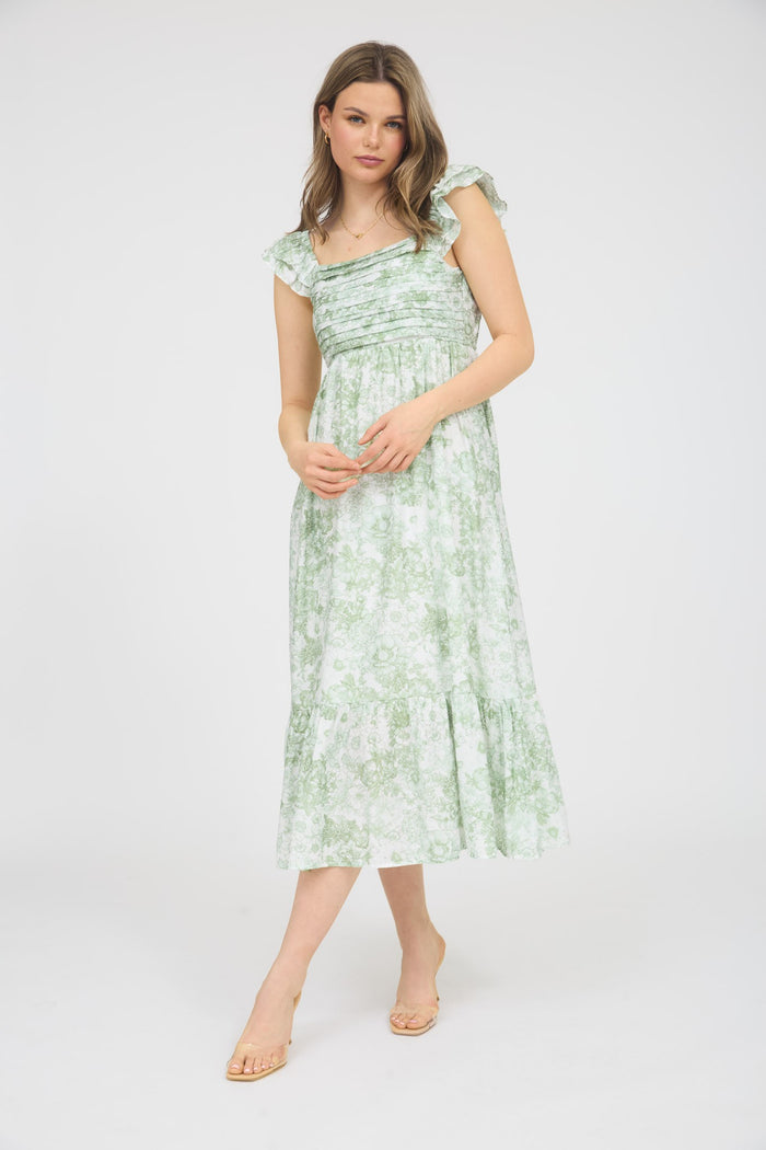 Light Olive Floral Ruffle Strap Pleated Bodice Midi Dress