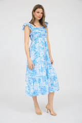 Blue Floral Ruffle Strap Pleated Bodice Midi Dress