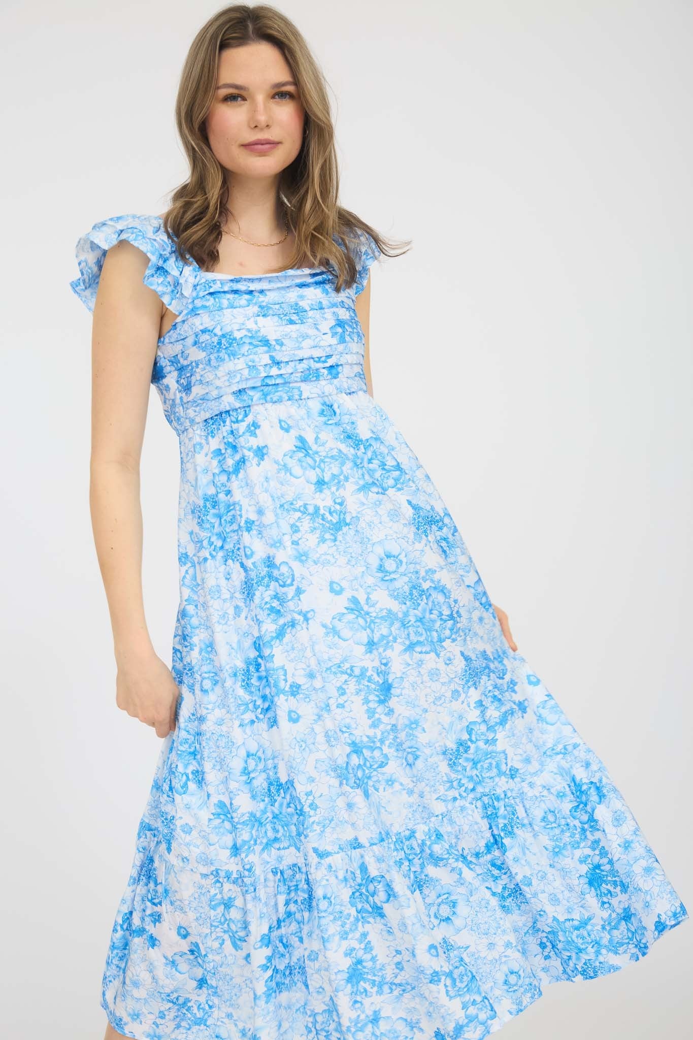Blue Floral Ruffle Strap Pleated Bodice Midi Dress
