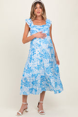 Blue Floral Ruffle Strap Pleated Bodice Maternity Midi Dress