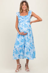 Blue Floral Ruffle Strap Pleated Bodice Maternity Midi Dress