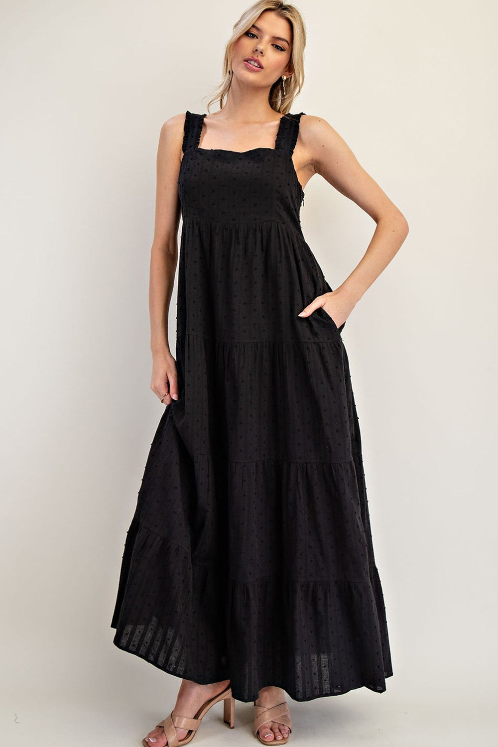 Black Swiss Dot Tiered Sleeveless Maxi Dress